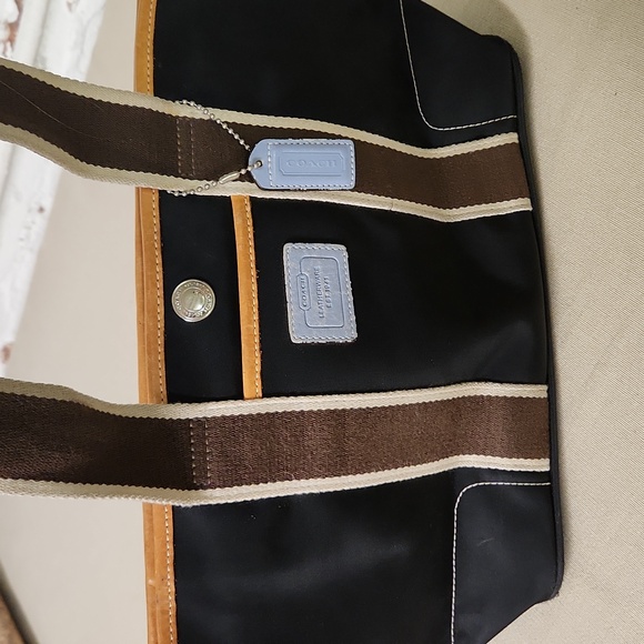 Vintage Coach Hampton Bag Dark Navy Shoulder Tote Bag Navy/ Tan Y2K - Picture 9 of 9